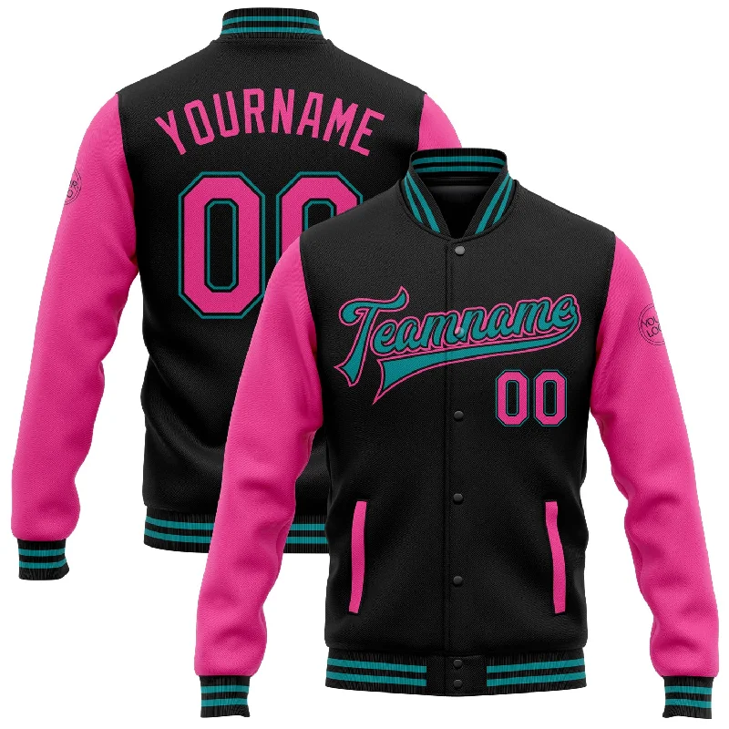 One Size Black Pink-Teal Bomber Full-Snap Varsity Letterman Two Tone Jacket