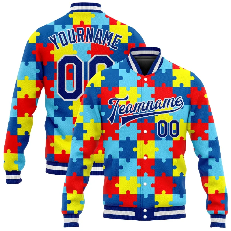 One Size Autism Awareness Puzzle Pieces Royal-White 3D Bomber Full-Snap Varsity Letterman Jacket