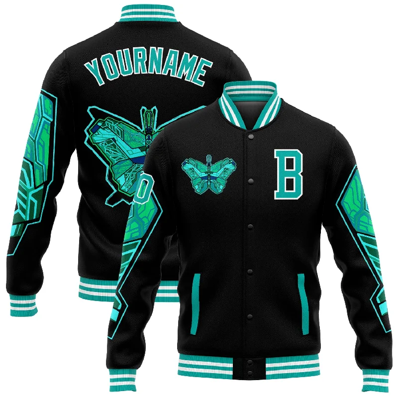 One Size Black Aqua-White Butterfly 3D Pattern Design Bomber Full-Snap Varsity Letterman Jacket