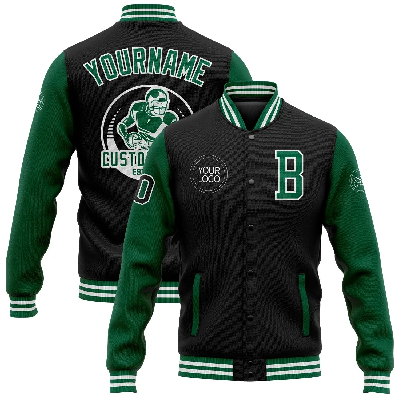 One Size Black Kelly Green-White Bomber Full-Snap Varsity Letterman Two Tone Jacket