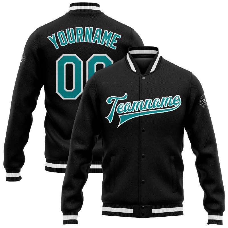 One Size Black Aqua-White Bomber Full-Snap Varsity Letterman Jacket