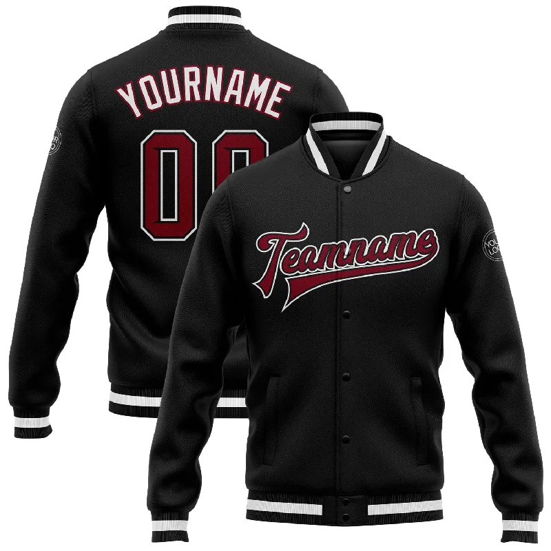 One Size Black Crimson-White Bomber Full-Snap Varsity Letterman Jacket