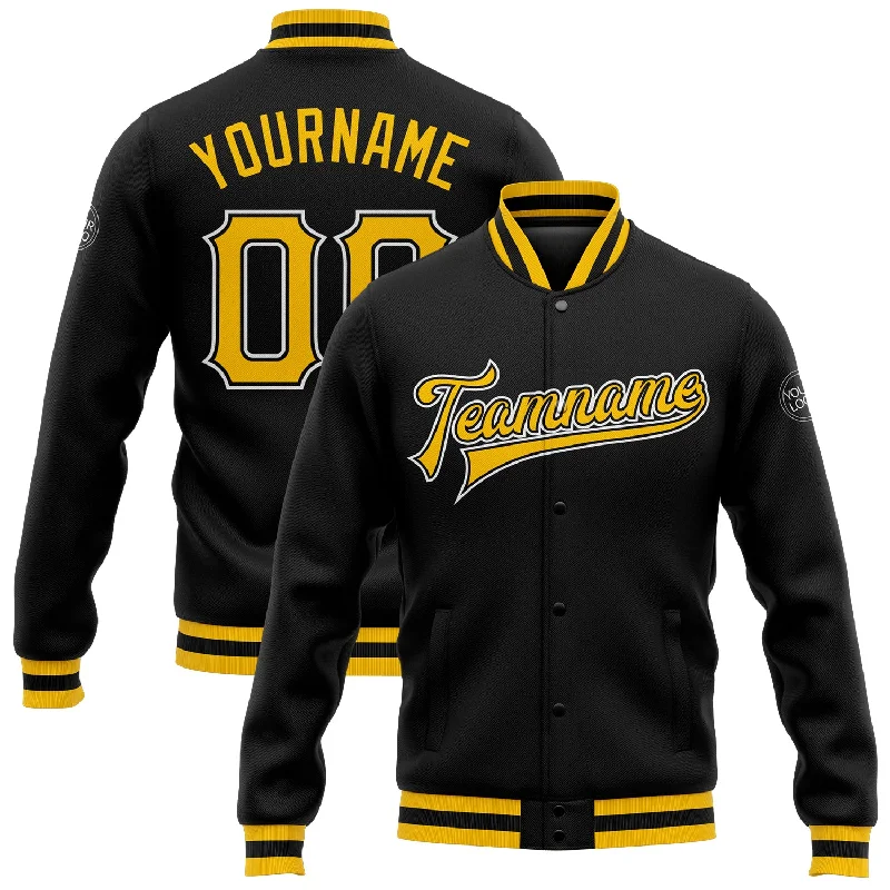 One Size Black Gold-White Bomber Full-Snap Varsity Letterman Jacket