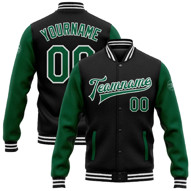 One Size Black Kelly Green-White Bomber Full-Snap Varsity Letterman Two Tone Jacket