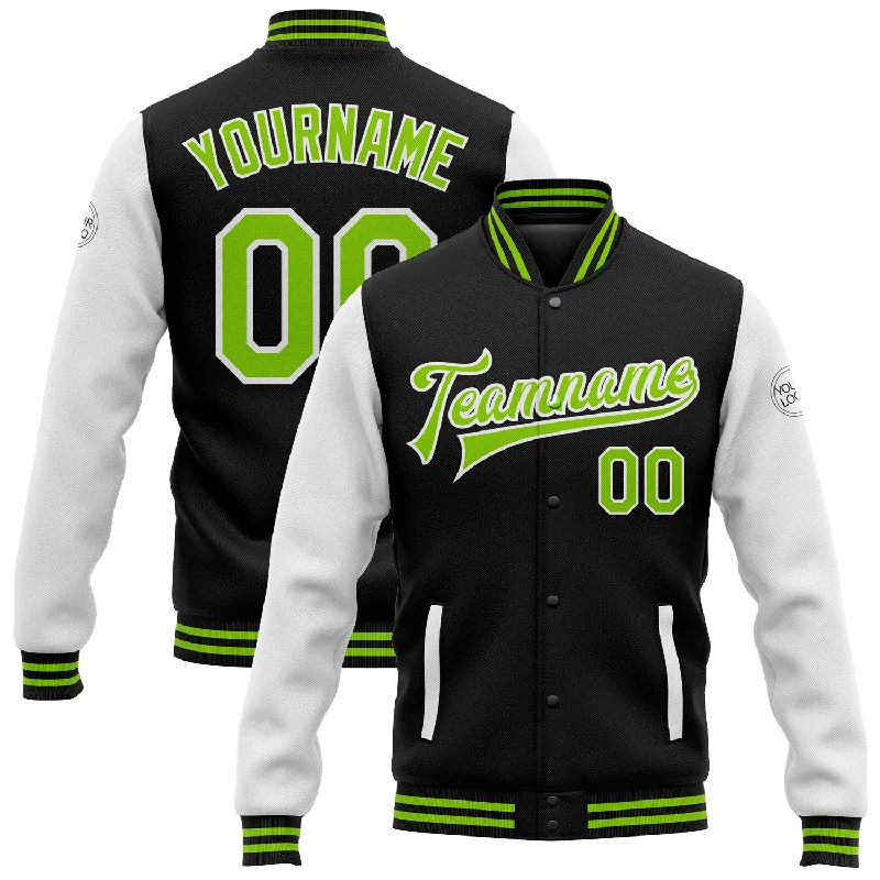 One Size Black Neon Green-White Bomber Full-Snap Varsity Letterman Two Tone Jacket