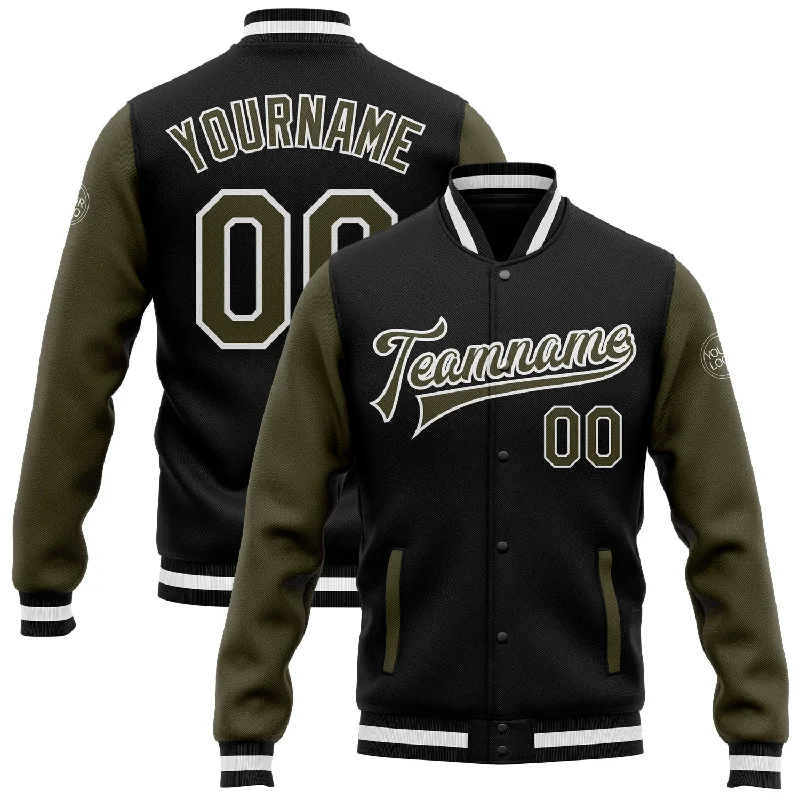 One Size Black Olive-White Bomber Full-Snap Varsity Letterman Two Tone Jacket