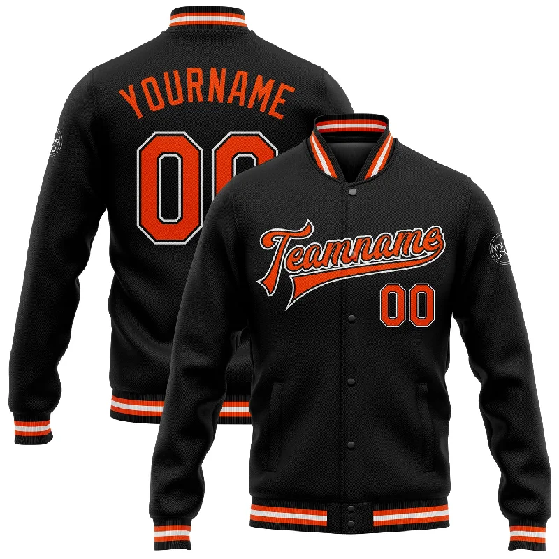 One Size Black Orange-White Bomber Full-Snap Varsity Letterman Jacket