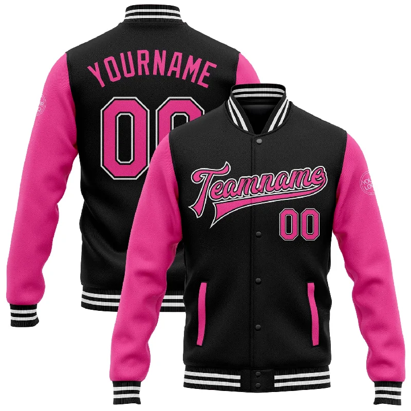 One Size Black Pink-White Bomber Full-Snap Varsity Letterman Two Tone Jacket