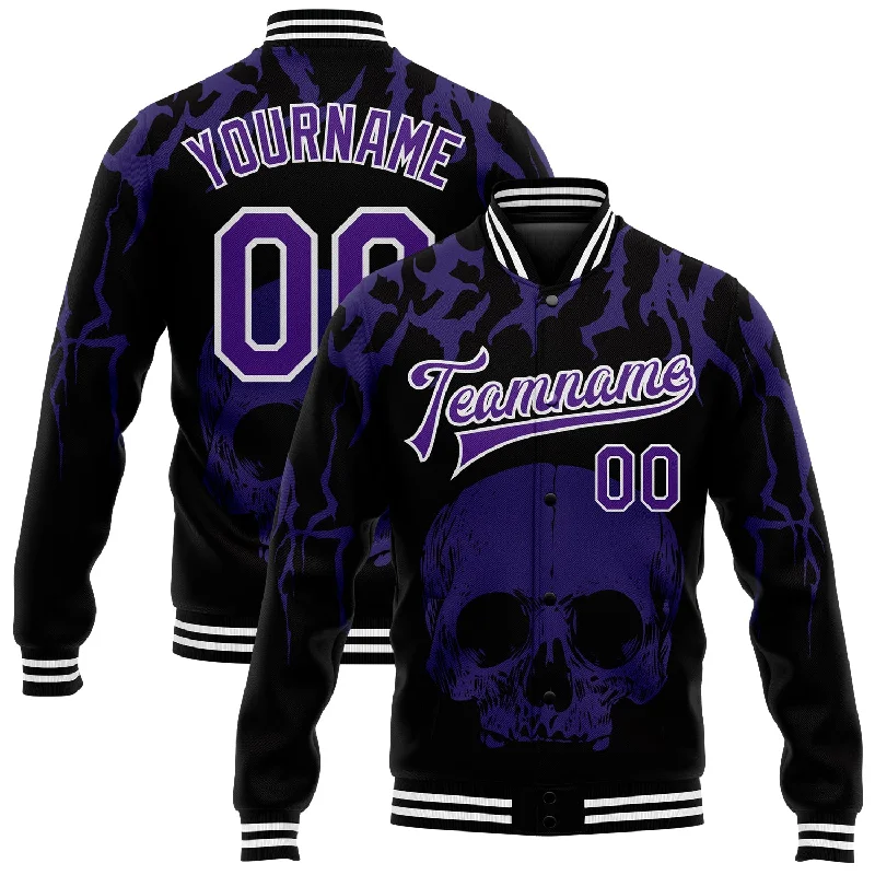 One Size Black Purple-White Skull Fashion 3D Bomber Full-Snap Varsity Letterman Jacket