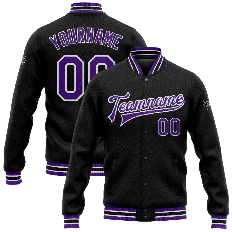 One Size Black Purple-White Bomber Full-Snap Varsity Letterman Jacket