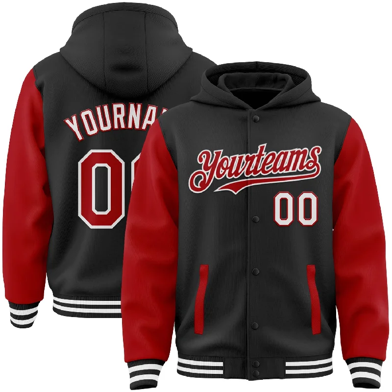 One Size Black Red-White Bomber Full-Snap Varsity Letterman Two Tone Hoodie Jacket