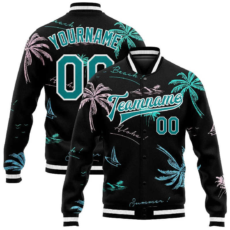 One Size Black Teal-White Hawaii Palm Trees 3D Bomber Full-Snap Varsity Letterman Jacket