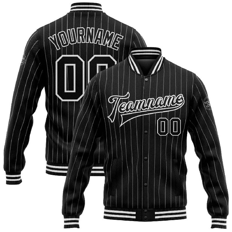 One Size Black White Pinstripe White Bomber Full-Snap Varsity Letterman Jacket