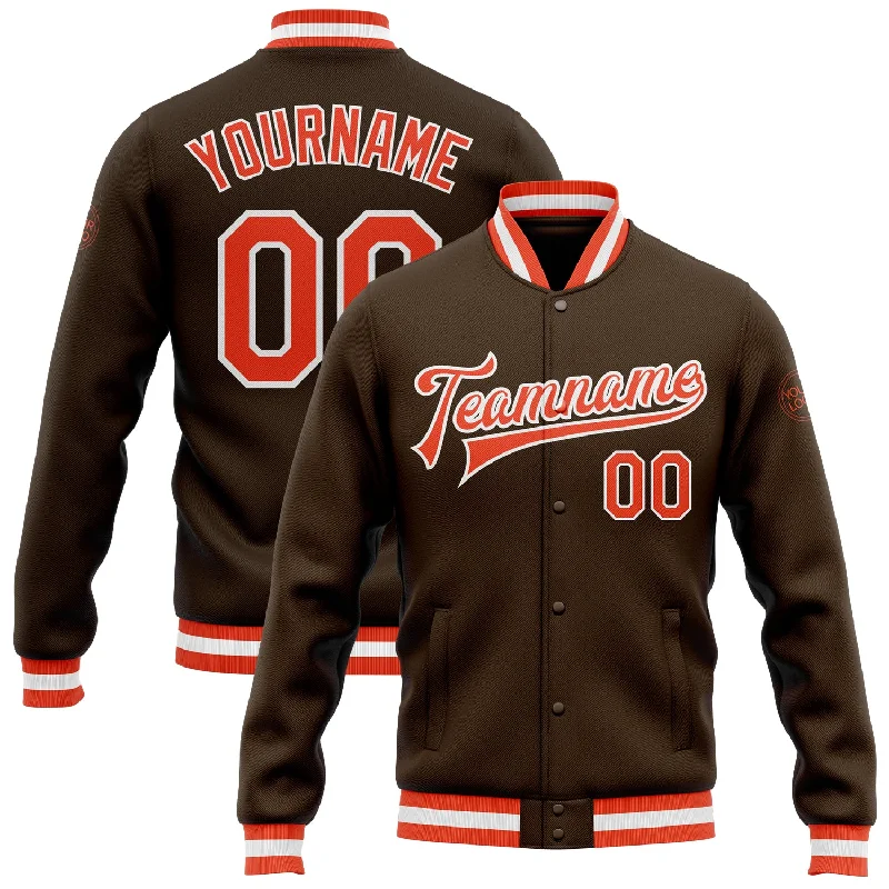 One Size Brown Orange-White Bomber Full-Snap Varsity Letterman Jacket