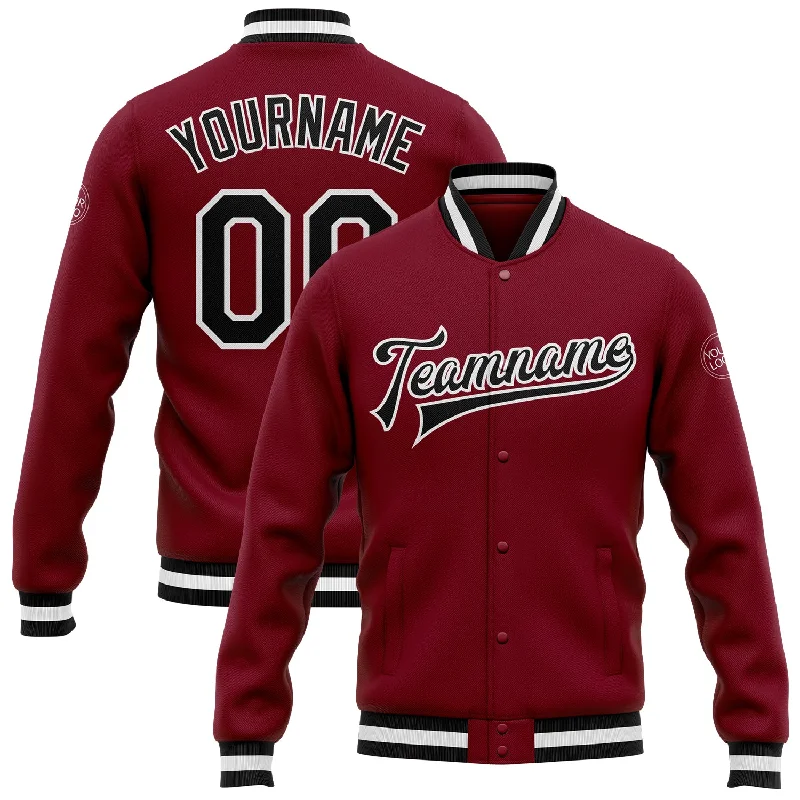 One Size Crimson Black-White Bomber Full-Snap Varsity Letterman Jacket