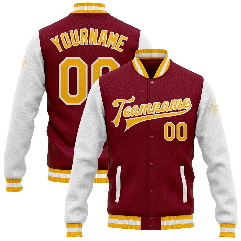 One Size Crimson Gold-White Bomber Full-Snap Varsity Letterman Two Tone Jacket