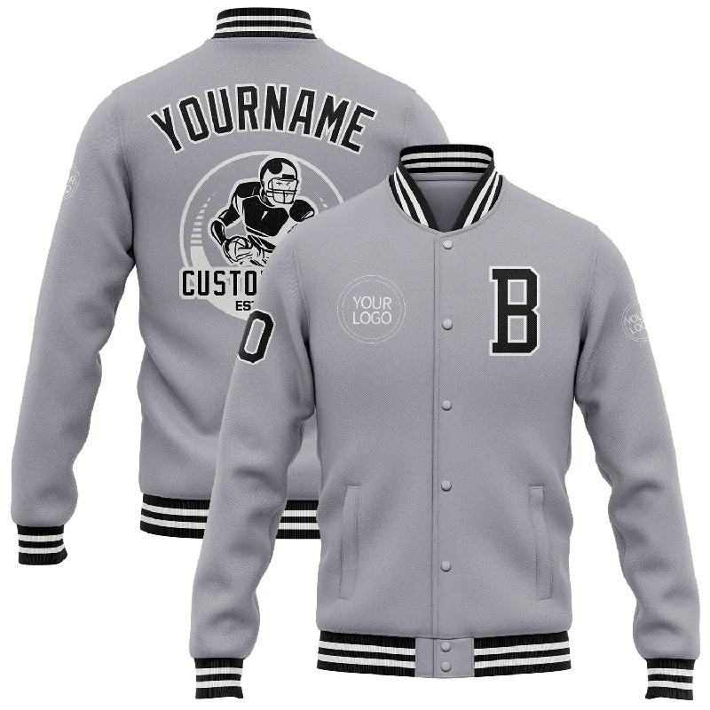 One Size Gray Black-White Bomber Full-Snap Varsity Letterman Jacket