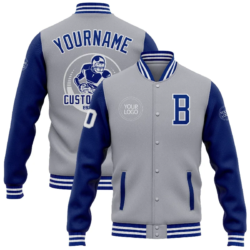 One Size Gray Royal-White Bomber Full-Snap Varsity Letterman Two Tone Jacket