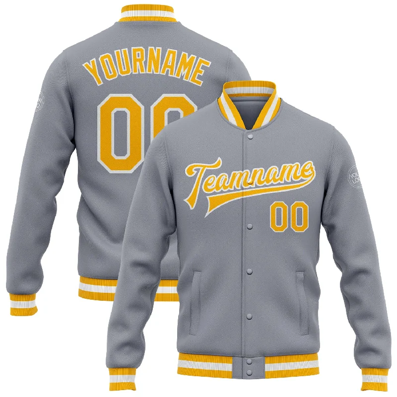 One Size Gray Gold-White Bomber Full-Snap Varsity Letterman Jacket