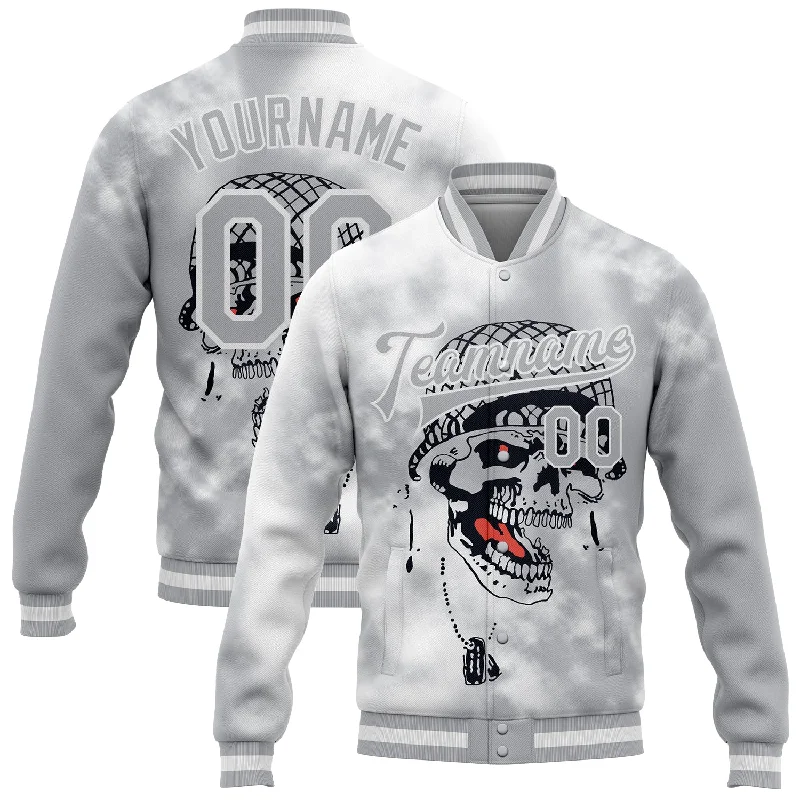 One Size Gray White Skull Fashion 3D Bomber Full-Snap Varsity Letterman Jacket