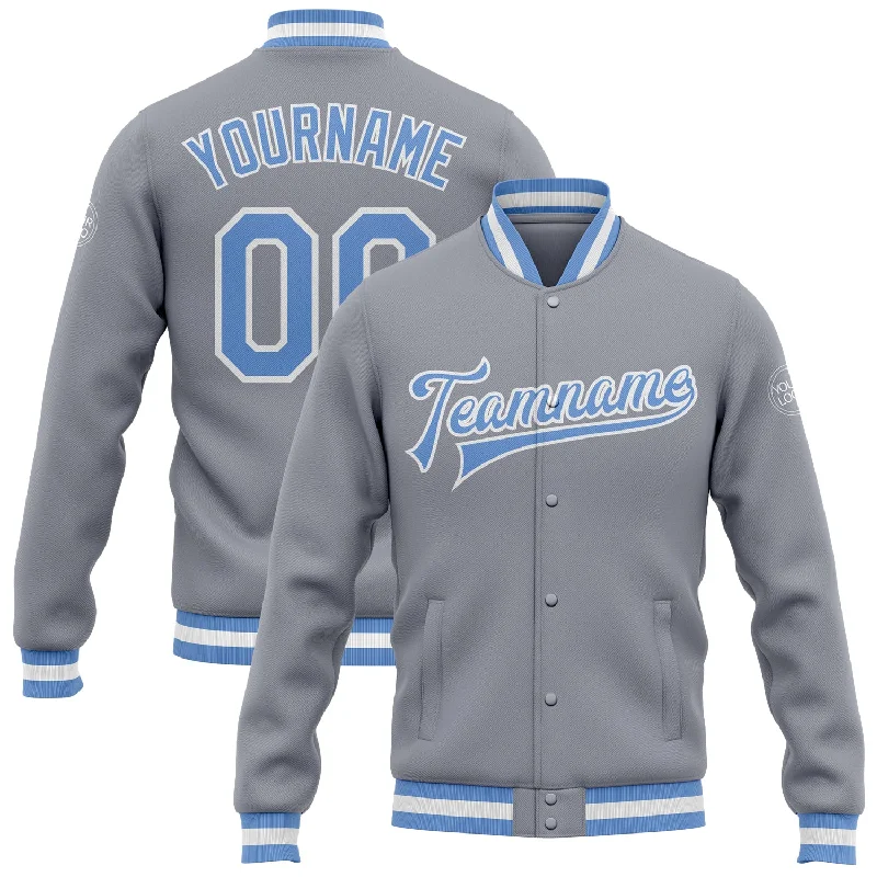 One Size Gray Light Blue-White Bomber Full-Snap Varsity Letterman Jacket