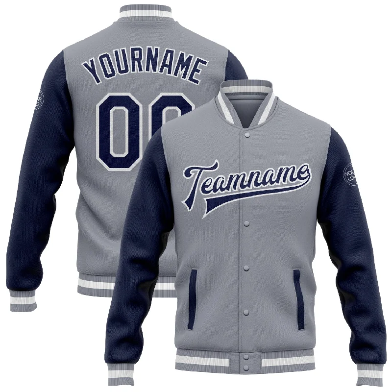 One Size Gray Navy-White Bomber Full-Snap Varsity Letterman Two Tone Jacket