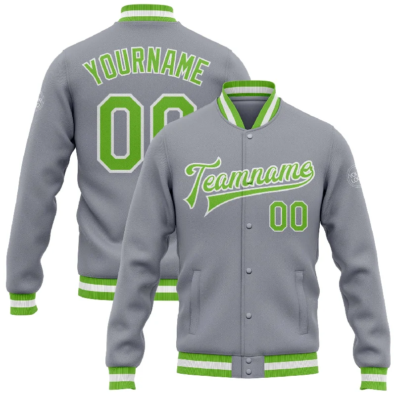 One Size Gray Neon Green-White Bomber Full-Snap Varsity Letterman Jacket