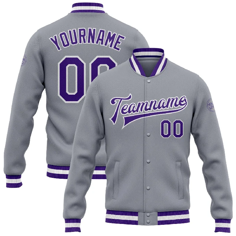 One Size Gray Purple-White Bomber Full-Snap Varsity Letterman Jacket