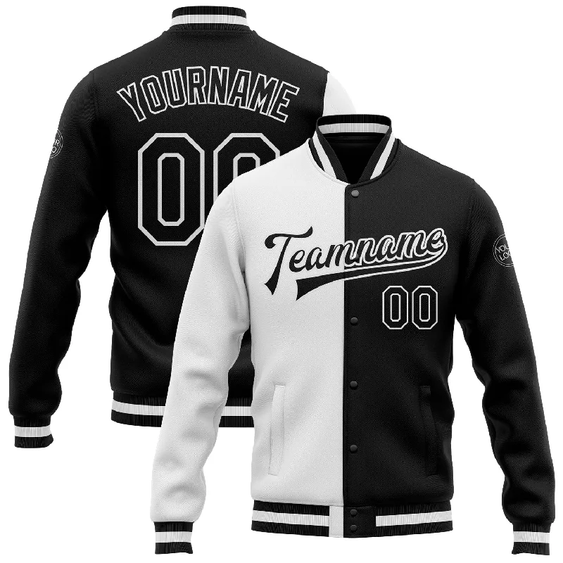 One Size White Black Bomber Full-Snap Varsity Letterman Split Fashion Jacket