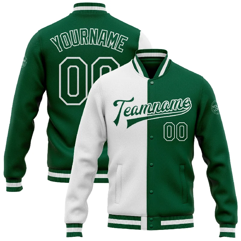 One Size White Kelly Green Bomber Full-Snap Varsity Letterman Split Fashion Jacket