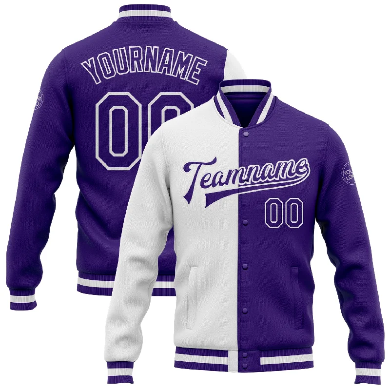 One Size White Purple Bomber Full-Snap Varsity Letterman Split Fashion Jacket