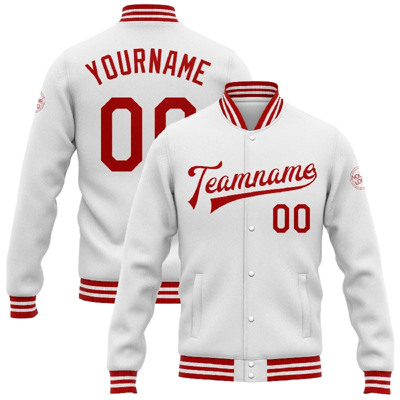 One Size White Red Bomber Full-Snap Varsity Letterman Jacket