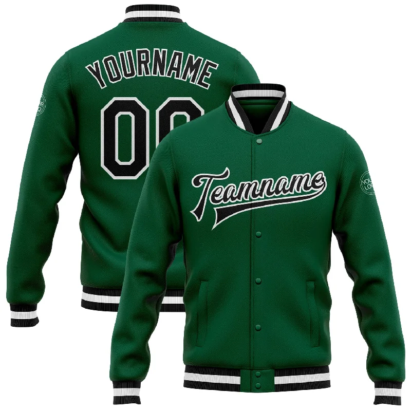 One Size Kelly Green Black-White Bomber Full-Snap Varsity Letterman Jacket