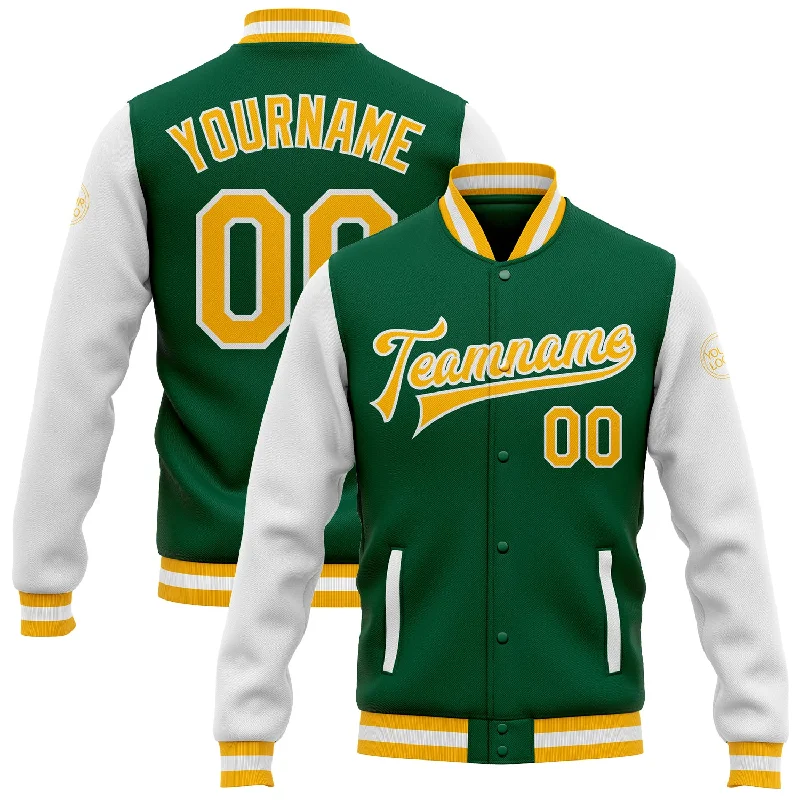 One Size Kelly Green Gold-White Bomber Full-Snap Varsity Letterman Two Tone Jacket