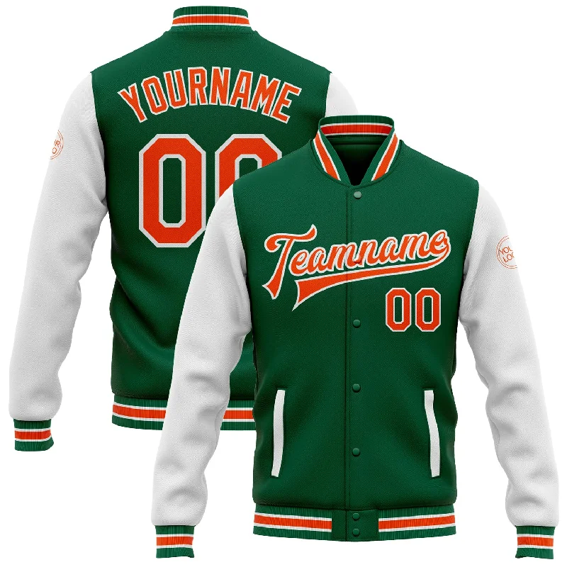 One Size Kelly Green Orange-White Bomber Full-Snap Varsity Letterman Two Tone Jacket