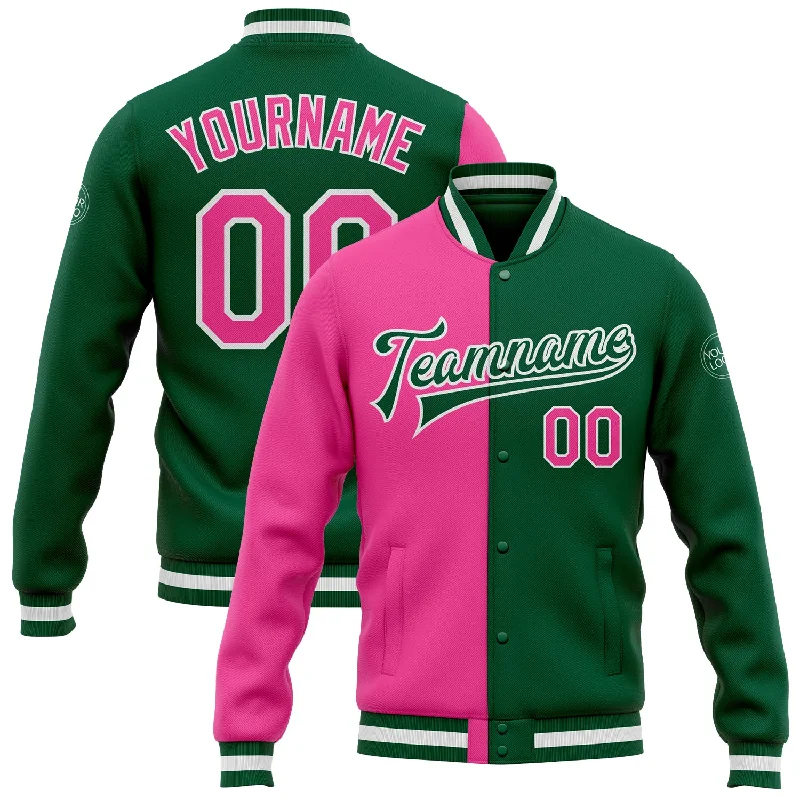 One Size Kelly Green Pink-White Bomber Full-Snap Varsity Letterman Split Fashion Jacket