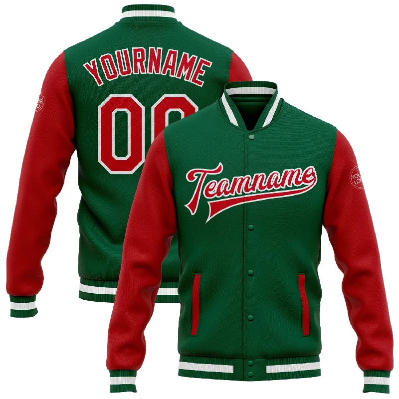 One Size Kelly Green Red-White Bomber Full-Snap Varsity Letterman Two Tone Jacket