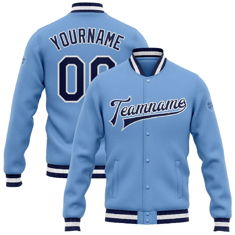 One Size Light Blue Navy-White Bomber Full-Snap Varsity Letterman Jacket