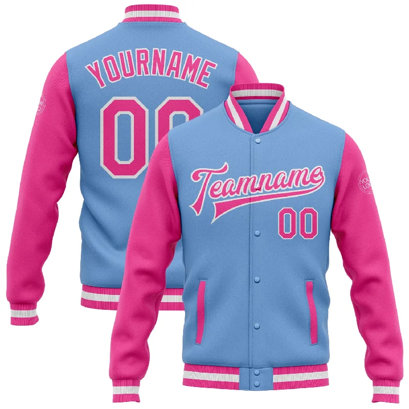 One Size Light Blue Pink-White Bomber Full-Snap Varsity Letterman Two Tone Jacket