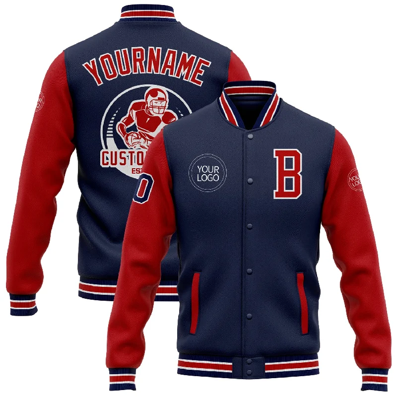 One Size Navy Red-White Bomber Full-Snap Varsity Letterman Two Tone Jacket