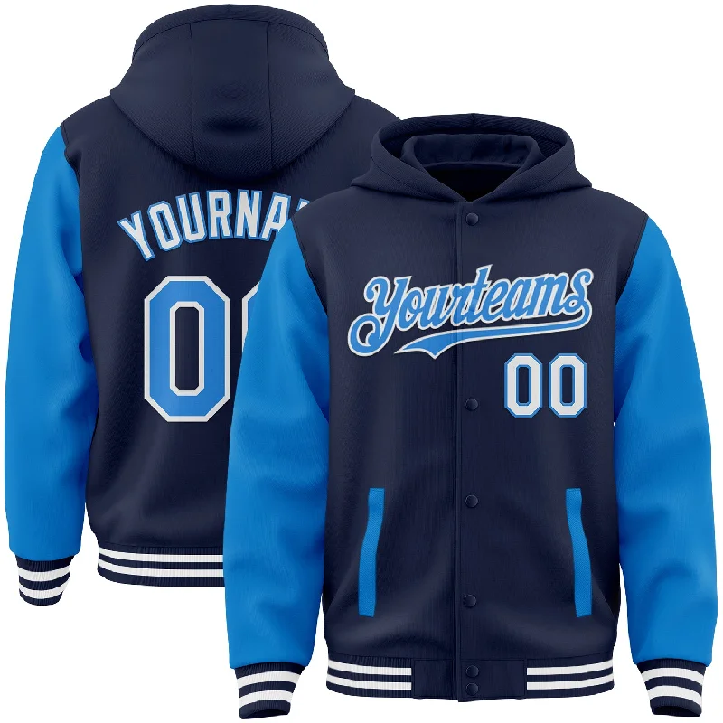 One Size Navy Powder Blue-White Bomber Full-Snap Varsity Letterman Two Tone Hoodie Jacket