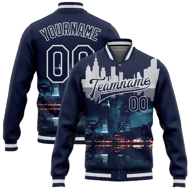 One Size Navy White Detroit Michigan City Edition 3D Bomber Full-Snap Varsity Letterman Jacket