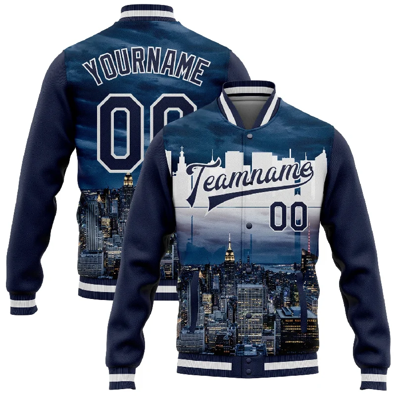 One Size Navy White New York City Edition 3D Bomber Full-Snap Varsity Letterman Jacket