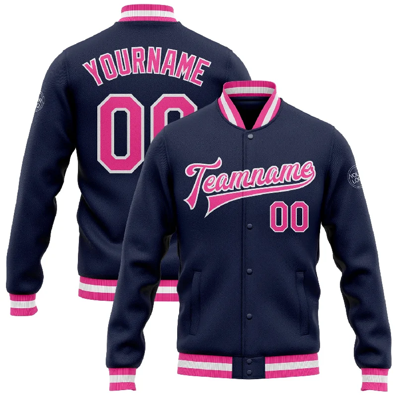 One Size Navy Pink-White Bomber Full-Snap Varsity Letterman Jacket