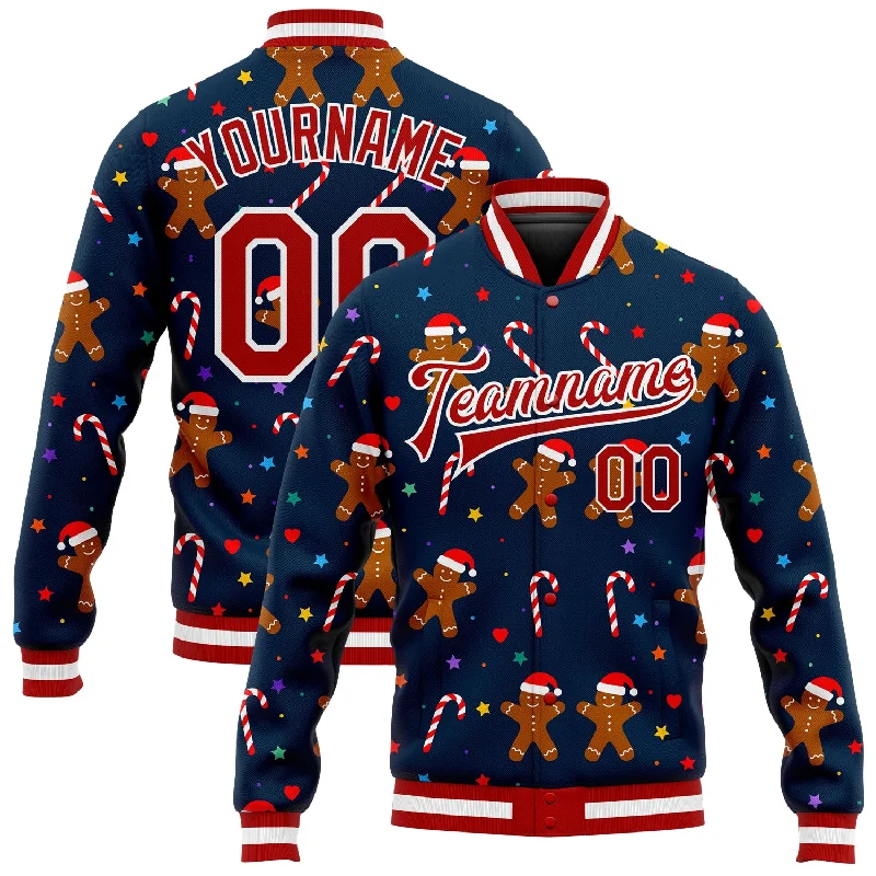 One Size Navy Red-White Christmas 3D Bomber Full-Snap Varsity Letterman Jacket