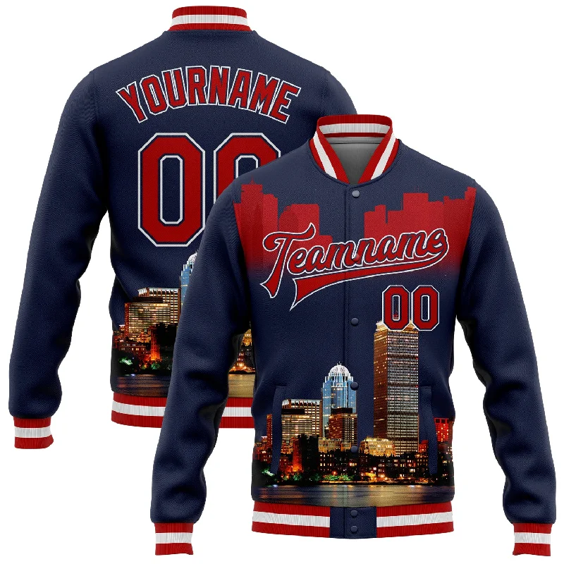 One Size Navy Red-White Boston Massachusetts City Edition 3D Bomber Full-Snap Varsity Letterman Jacket