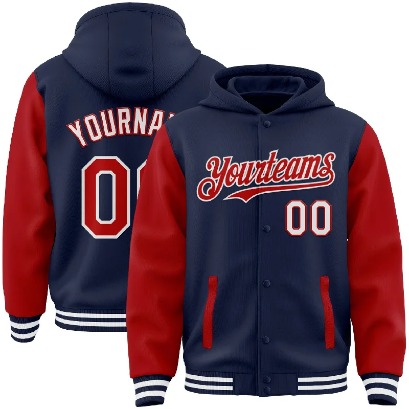 One Size Navy Red-White Bomber Full-Snap Varsity Letterman Two Tone Hoodie Jacket