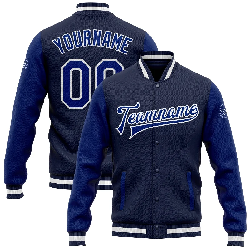 One Size Navy Royal-White Bomber Full-Snap Varsity Letterman Two Tone Jacket