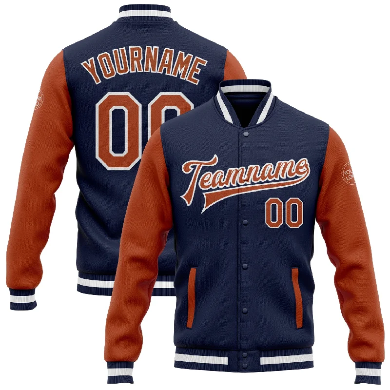 One Size Navy Texas Orange-White Bomber Full-Snap Varsity Letterman Two Tone Jacket