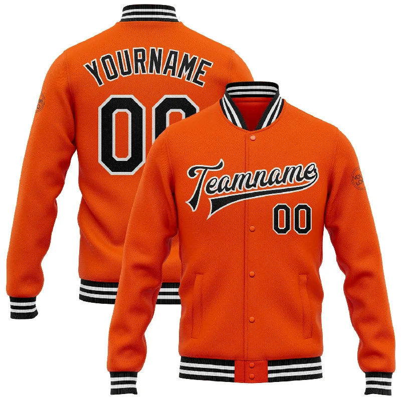 One Size Orange Black-White Bomber Full-Snap Varsity Letterman Jacket